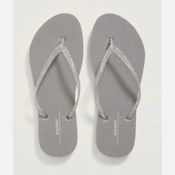 NWT Old Navy Flip Flops Sparkly Top Silver Glitter Beach Thong Sandals for Women - Picture 1 of 4